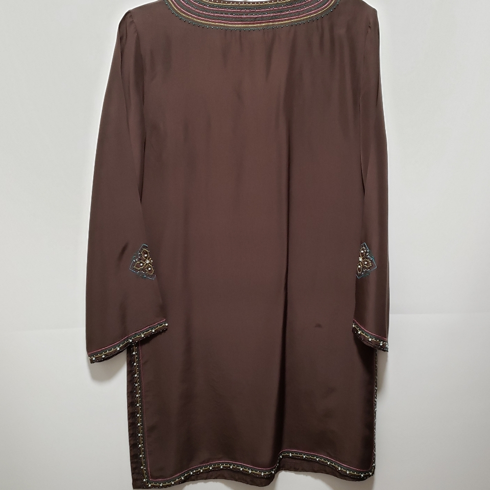 COLDWATER CREEK Brown Silk Dress w/Beaded Trim - Picture 5 of 14